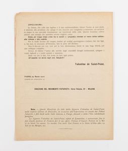 Valentine De Saint-Point (rif.) : Manifesto della Donna Futurista  - Asta Testimonianze Contemporanee: Documenti, Libri, Fotografie e Opere d'Arte - Associazione Nazionale - Case d'Asta italiane