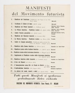 Carlo Dalmazzo Carrà (rif.) : La pittura dei Suoni, Rumori, Odori. Manifesto Futurista  - Asta Testimonianze Contemporanee: Documenti, Libri, Fotografie e Opere d'Arte - Associazione Nazionale - Case d'Asta italiane