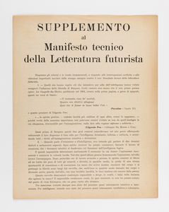 Filippo Tommaso Marinetti : Supplemento al Manifesto tecnico della Letteratura futurista  - Asta Testimonianze Contemporanee: Documenti, Libri, Fotografie e Opere d'Arte - Associazione Nazionale - Case d'Asta italiane