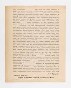 Filippo Tommaso Marinetti : Supplemento al Manifesto tecnico della Letteratura futurista  - Asta Testimonianze Contemporanee: Documenti, Libri, Fotografie e Opere d'Arte - Associazione Nazionale - Case d'Asta italiane