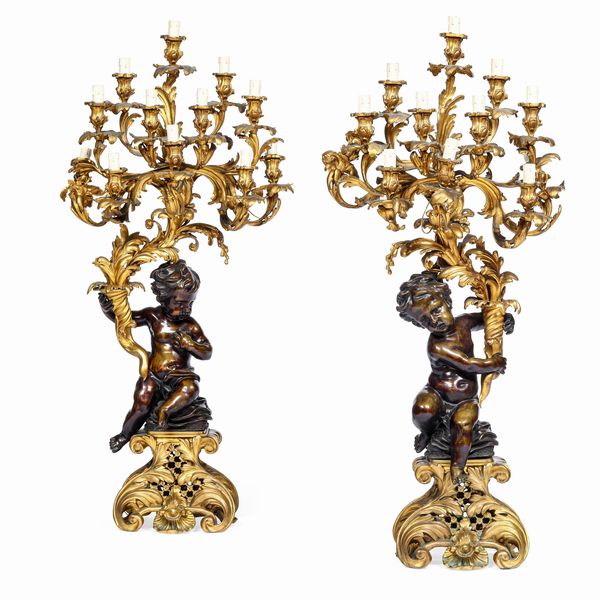 Coppia di monumentali candelabri a dieci fiamme. Fonditore francese del XIX-XX secolo  - Asta Dimore Italiane - Associazione Nazionale - Case d'Asta italiane