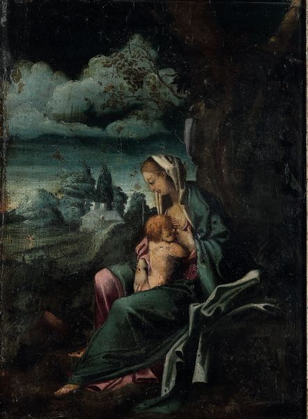 Scuola del XVII secolo Madonna con Bambino in paesaggio  - Asta Dipinti Antichi - Associazione Nazionale - Case d'Asta italiane