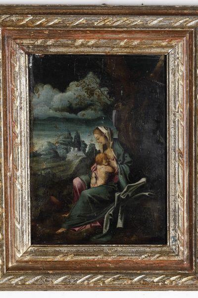 Scuola del XVII secolo Madonna con Bambino in paesaggio  - Asta Dipinti Antichi - Associazione Nazionale - Case d'Asta italiane