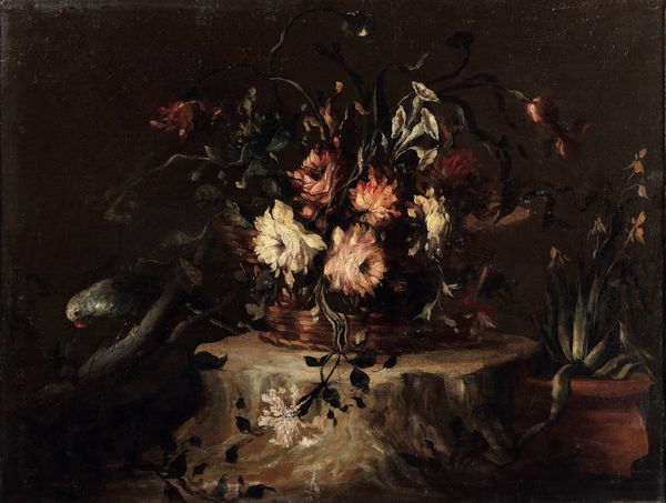 (attivo tra il 1730 e il 1760) Maestro dei fiori guardeschi, Attribuito a : Natura morta con cesto di fiori e pappagallo  - Asta Dipinti Antichi - Associazione Nazionale - Case d'Asta italiane