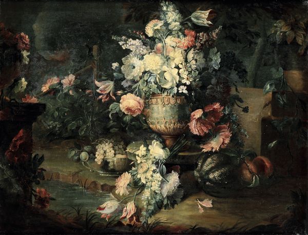 Michele Antonio Rapous, Attribuito a : Nature morte con frutti e vasi ricolmi di fiori  - Asta Dipinti Antichi - Associazione Nazionale - Case d'Asta italiane