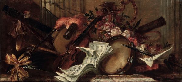 Scuola della fine del XVIII secolo Nature morte con strumenti musicali, libri, sculture, frutti e vasi di fiori  - Asta Dipinti Antichi - Associazione Nazionale - Case d'Asta italiane