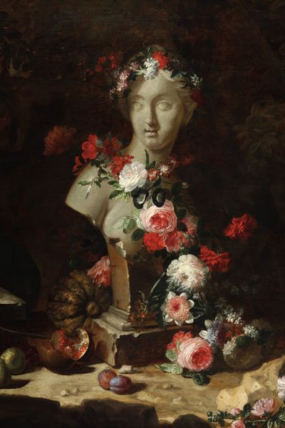 Artista fiammingo attivo a Roma nel XVII secolo Natura morta entro paesaggi con busto femminile, fiori, frutti e pappagallino  - Asta Dipinti Antichi - Associazione Nazionale - Case d'Asta italiane