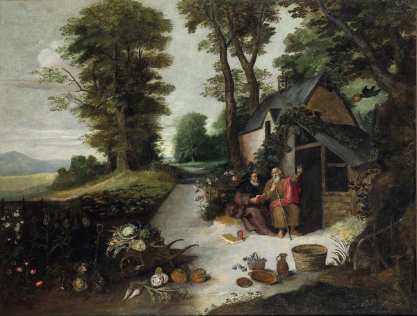 Jan Brueghel il Giovane (1601 Anversa - 1678 Anversa), bottega di Sant'Antonio abate e San Paolo ricevono il pane dal corvo  - Asta Dipinti Antichi - Associazione Nazionale - Case d'Asta italiane