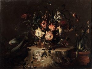 (attivo tra il 1730 e il 1760) Maestro dei fiori guardeschi, Attribuito a - Natura morta con cesto di fiori e pappagallo