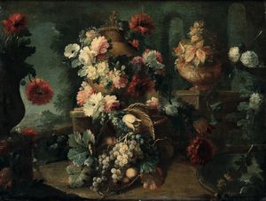 Michele Antonio Rapous, Attribuito a - Nature morte con frutti e vasi ricolmi di fiori