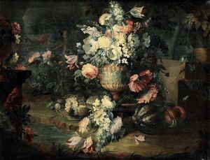 Michele Antonio Rapous, Attribuito a : Nature morte con frutti e vasi ricolmi di fiori  - Asta Dipinti Antichi - Associazione Nazionale - Case d'Asta italiane