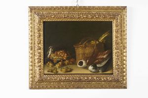 Scuola emiliana del XVIII secolo Nature morte con verdure, frutti e uccellini  - Asta Dipinti Antichi - Associazione Nazionale - Case d'Asta italiane