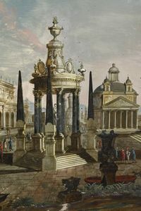 Scuola del XVIII secolo Capriccio con veduta di piazza e architetture  - Asta Dipinti Antichi - Associazione Nazionale - Case d'Asta italiane