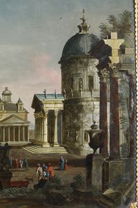 Scuola del XVIII secolo Capriccio con veduta di piazza e architetture  - Asta Dipinti Antichi - Associazione Nazionale - Case d'Asta italiane