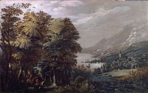 Frederik van Valckenborch - Paesaggio fluviale con cacciatori