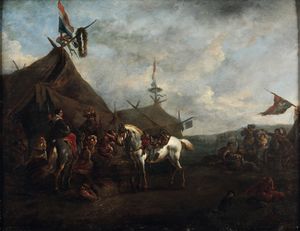 Philips Wouwerman, Attribuito a : Accampamento con soldati e contadini  - Asta Dipinti Antichi - Associazione Nazionale - Case d'Asta italiane