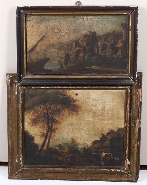Lotto di 2 dipinti raffiguranti paesaggi con architetture e figure, XVIII secolo  - Asta Antiquariato - Associazione Nazionale - Case d'Asta italiane