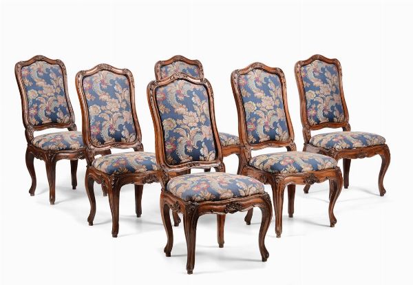 Sei sedie Luigi XV in noce intagliato, Genova XVIII secolo  - Asta Antiquariato - Associazione Nazionale - Case d'Asta italiane