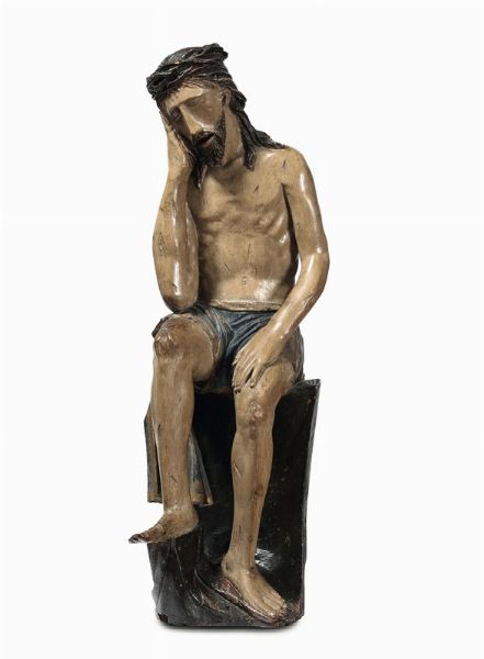 Scultura in legno policromo rappresentante Cristo deriso, bottega francese del XVI secolo  - Asta Antiquariato - Associazione Nazionale - Case d'Asta italiane