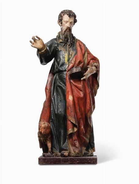 San Marco Evangelista in legno dipinto. Scultore barocco spagnolo del XVII secolo  - Asta Antiquariato - Associazione Nazionale - Case d'Asta italiane