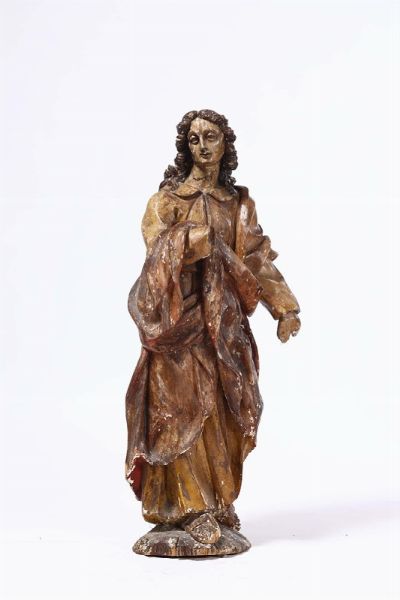 Scultura in legno policromo raffigurante San Giovanni dArimatea, Italia XVII secolo  - Asta Antiquariato - Associazione Nazionale - Case d'Asta italiane