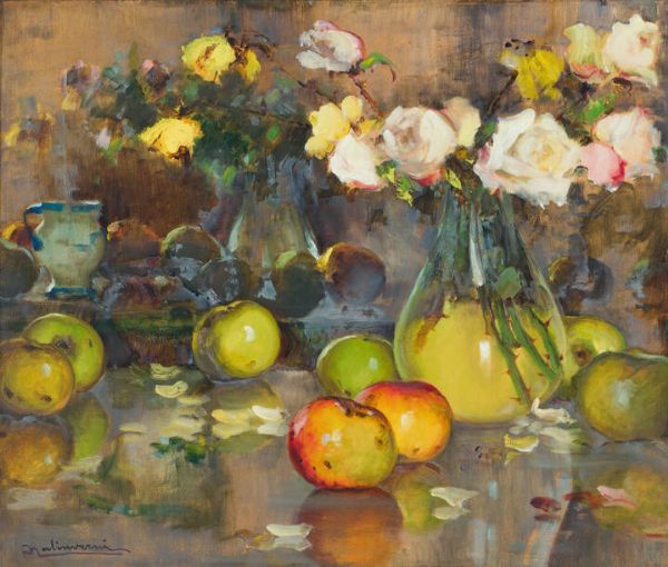 ANGELO MALINVERNI Torino 1877 - 1947 : Natura morta con vaso di fiori e frutta  - Asta Dipinti  - Associazione Nazionale - Case d'Asta italiane