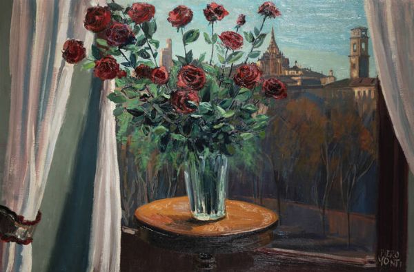 PIERO MONTI Torino 1910 - 1994 : Vaso di rose con vista sulla Cappella della Sindone  - Asta Dipinti  - Associazione Nazionale - Case d'Asta italiane