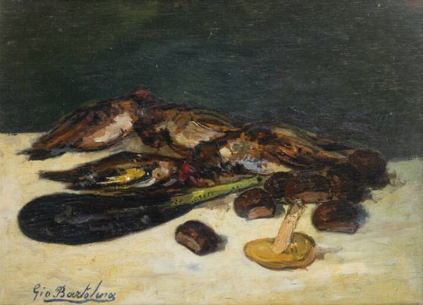 GIOVANNI BARTOLENA Livorno 1866 - 1942 : Natura morta con uccelli e castagne  - Asta Dipinti  - Associazione Nazionale - Case d'Asta italiane