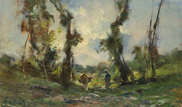 CARLO FOLLINI Domodossola (NO) 1848 - 1938 Pegli (GE) : Paesaggio agreste con contadina  - Asta Dipinti  - Associazione Nazionale - Case d'Asta italiane