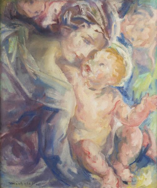 MARIO MICHELETTI Balzola Monferrato (AL) 1892 - 1975 Torino : Madonna col bambino Ges e due cherubini  - Asta Dipinti  - Associazione Nazionale - Case d'Asta italiane