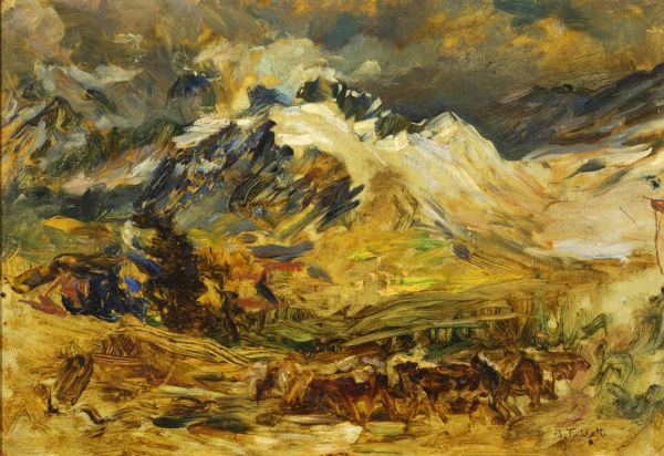 ALBERTO FALCHETTI Caluso (TO) 1878 - 1951 : Paesaggio montano con mandria e al retro in orizzontale Schizzo per studio di un ritratto  anni '20  - Asta Dipinti  - Associazione Nazionale - Case d'Asta italiane