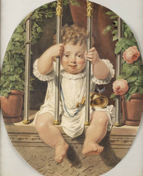 MICHAEL STOHL Vienna (Austria) 1814-1881 : Bambino alla ringhiera 1869  - Asta Dipinti  - Associazione Nazionale - Case d'Asta italiane