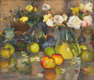 ANGELO MALINVERNI Torino 1877 - 1947 - Natura morta con vaso di fiori e frutta