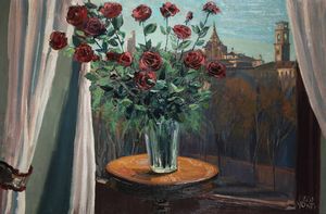 PIERO MONTI Torino 1910 - 1994 - Vaso di rose con vista sulla Cappella della Sindone