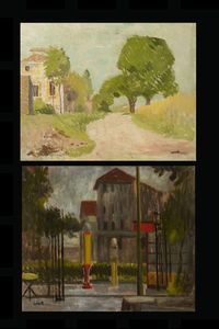 ATTILIO CORSETTI Feltre (BL) 1907 - 1978 Torino - Lotto di due dipinti: A) Strada di citt B) Strada di campagna