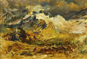 ALBERTO FALCHETTI Caluso (TO) 1878 - 1951 - Paesaggio montano con mandria e al retro in orizzontale Schizzo per studio di un ritratto  anni '20