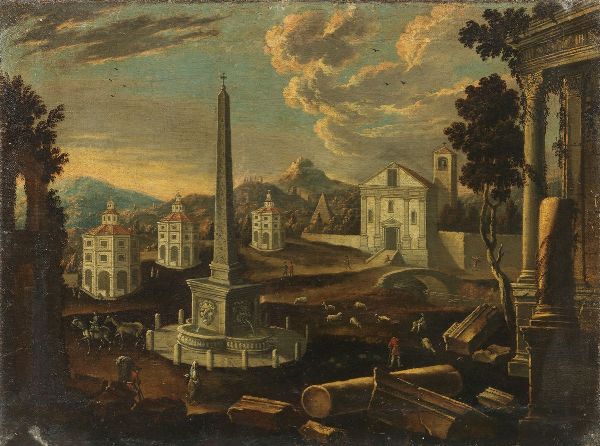 Scuola fiamminga del XVIII secolo : Veduta ideale di citt con obelisco, piramide e rovine archeologiche  - Asta Dipinti e Disegni Antichi - Associazione Nazionale - Case d'Asta italiane