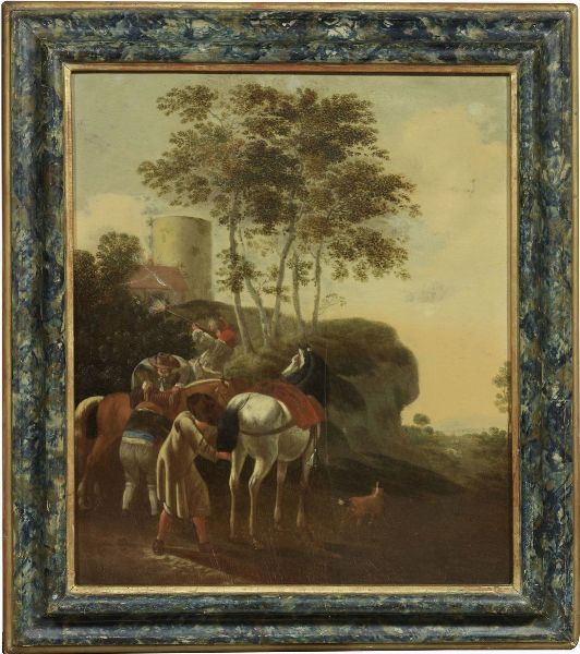 Scuola fiamminga del XVII secolo : Paesaggio con cavalieri  - Asta Dipinti e Disegni Antichi - Associazione Nazionale - Case d'Asta italiane