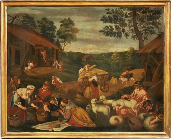 Scuola dei Bassano del XVII secolo : Paesaggio con scena di mercato e tosatura di un gregge  - Asta Dipinti e Disegni Antichi - Associazione Nazionale - Case d'Asta italiane