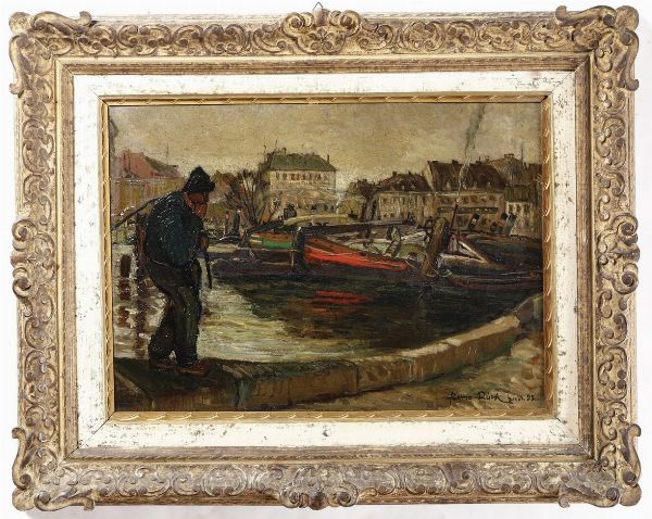 Bruno Lück : Pescatore nel porticciolo, 1922  - Asta Dipinti del XIX e XX secolo - Associazione Nazionale - Case d'Asta italiane