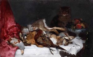 Paul Mathey - Natura morta con cacciagione e gatto