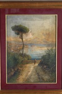 Enrico Altrui (XIX-XX secolo) : Vista sul golfo di Napoli con Vesuvio  - Asta Dipinti del XIX e XX secolo - Associazione Nazionale - Case d'Asta italiane