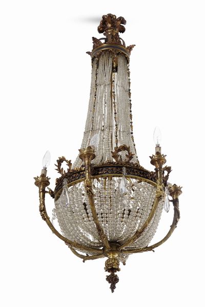 Lampadario Impero in bronzo dorato e cristalli. Fine XIX secolo  - Asta Antiquariato - Associazione Nazionale - Case d'Asta italiane