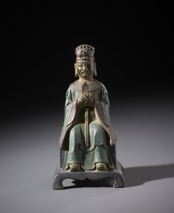 Arte Cinese - Figura in bronzo raffigurante Wenchang Dijun seduto.parzialmente dorato con tracce di policromia.Cina, XX sec.