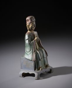 Arte Cinese : Figura in bronzo raffigurante Wenchang Dijun seduto.parzialmente dorato con tracce di policromia.Cina, XX sec.  - Asta Asta 470 | ARTE ORIENTALE Online - Associazione Nazionale - Case d'Asta italiane