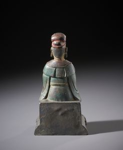 Arte Cinese : Figura in bronzo raffigurante Wenchang Dijun seduto.parzialmente dorato con tracce di policromia.Cina, XX sec.  - Asta Asta 470 | ARTE ORIENTALE Online - Associazione Nazionale - Case d'Asta italiane