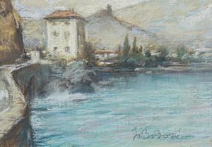 BOSIO GIANBATTISTA (1873 - 1946) : Vedute del lago di Iseo in cornice Liberty in radica con specchio al centro  - Asta Asta 469 | ARTE ANTICA E DEL XIX SECOLO Online - Associazione Nazionale - Case d'Asta italiane