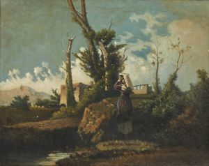 PALIZZI FILIPPO (1818 - 1899) - Attribuito a. Paesaggio con pastorella