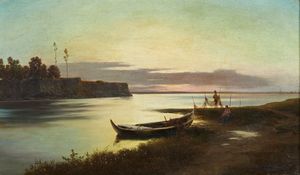 VERTUNNI ARTURO (1860 - 1910) - Attribuito a. Lago al tramonto con pescatori