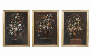 ARTISTA DEL XVIII SECOLO - Gruppo di tre dipinti raffiguranti nature morte di fiori